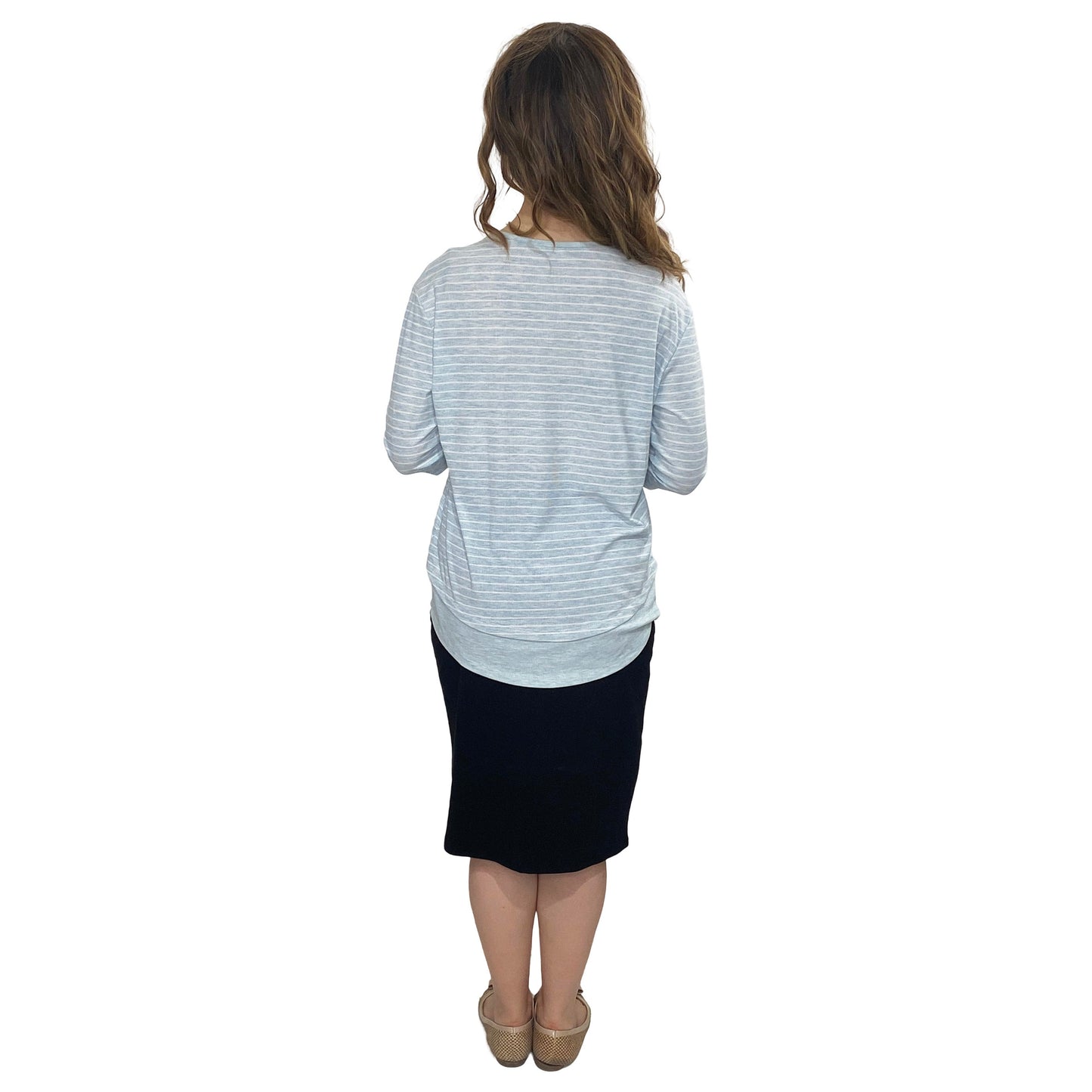 3/4 Sleeve Modest Striped Rib Knit Top with Solid Panel - Hip Length Casual Comfort