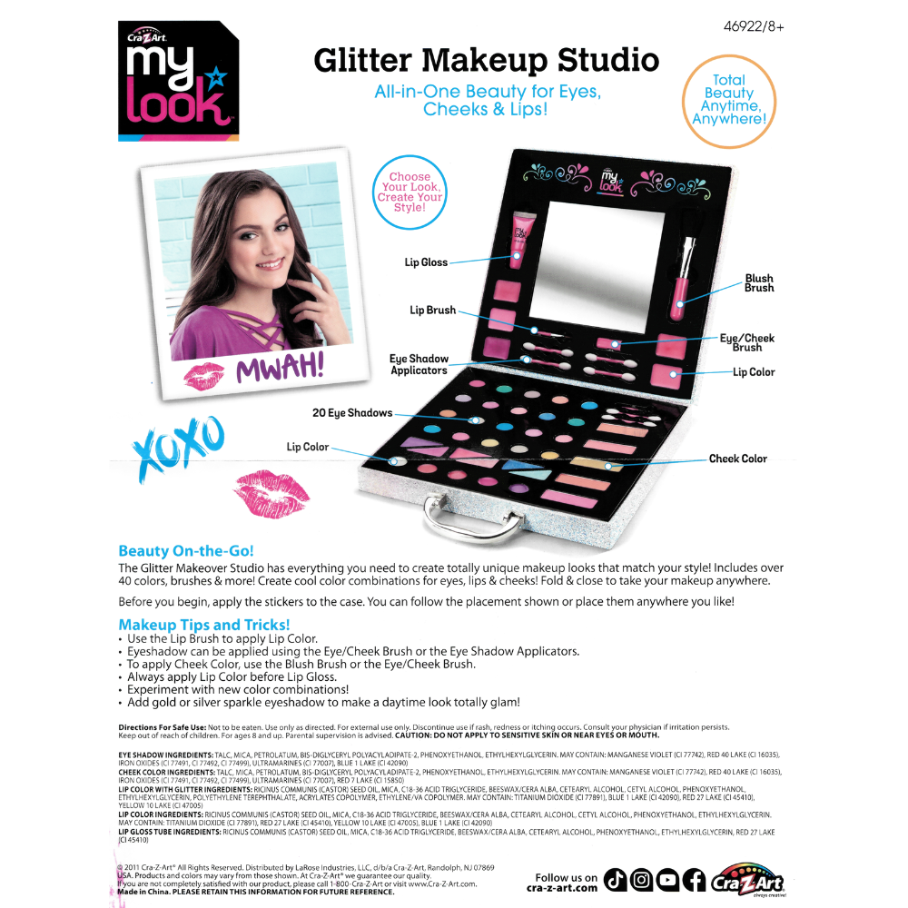 Cra-Z-Art Glamor Collection My Look Glitter Makeup Studio features over 40 vibrant colors, brushes, and additional accessories, all packaged in a new and sealed case.