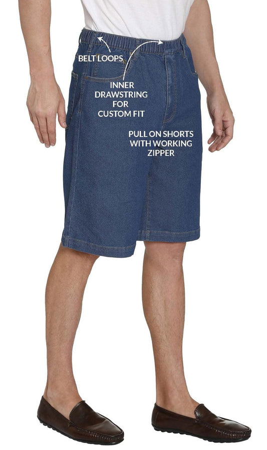 Men's Stretch Waist Pull On Shorts in Denim and Twill - Free of Buttons & Snaps