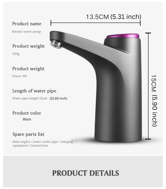 Portable Electric Smart Water Pump - Rechargeable Mini USB Water Bucket Dispenser This Black Electric Water Pump is specifically Crafted for 3 and 5-Gallon Bottles.