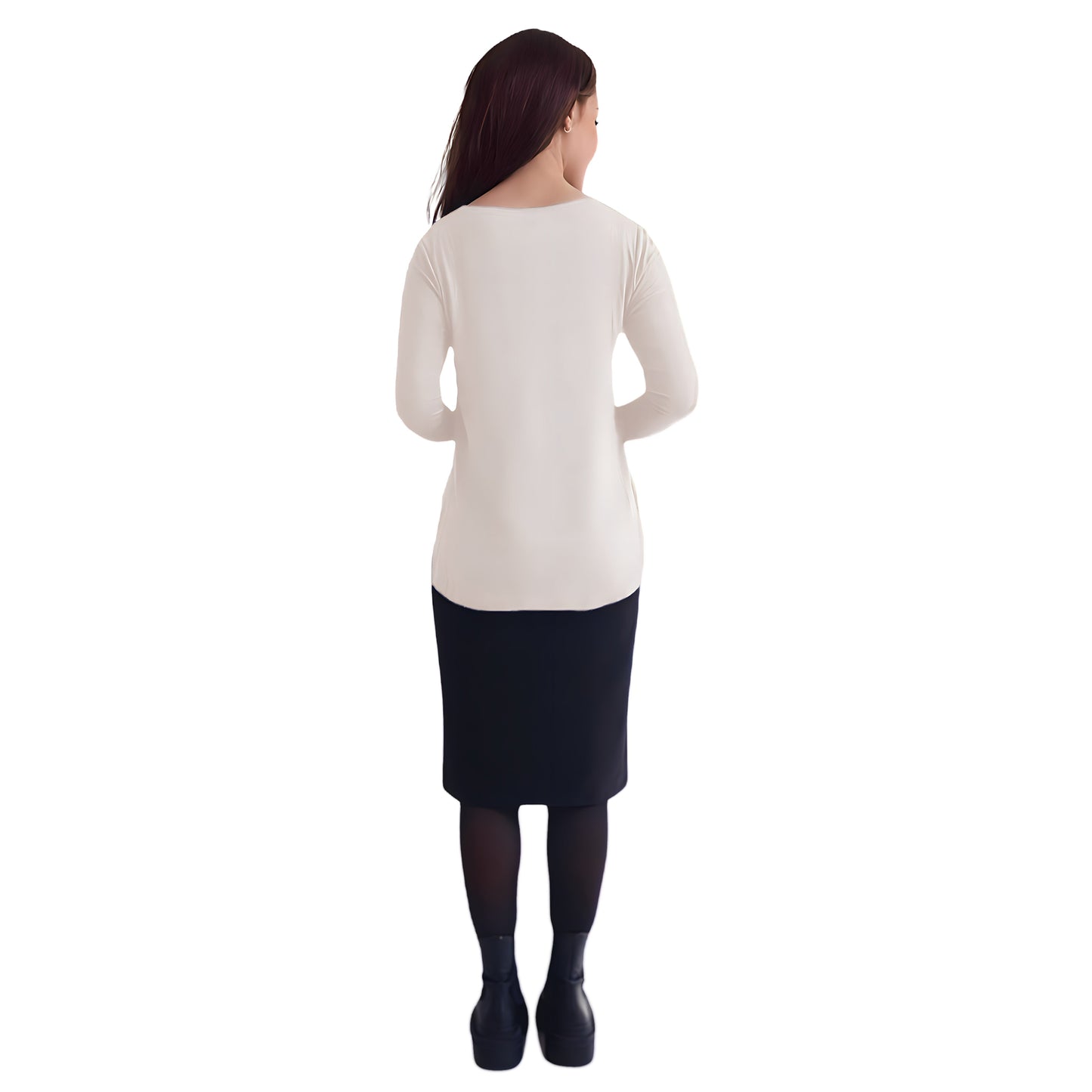 Curved Side Hem Tunic with 3/4 Sleeves and Modest Crew Neckline