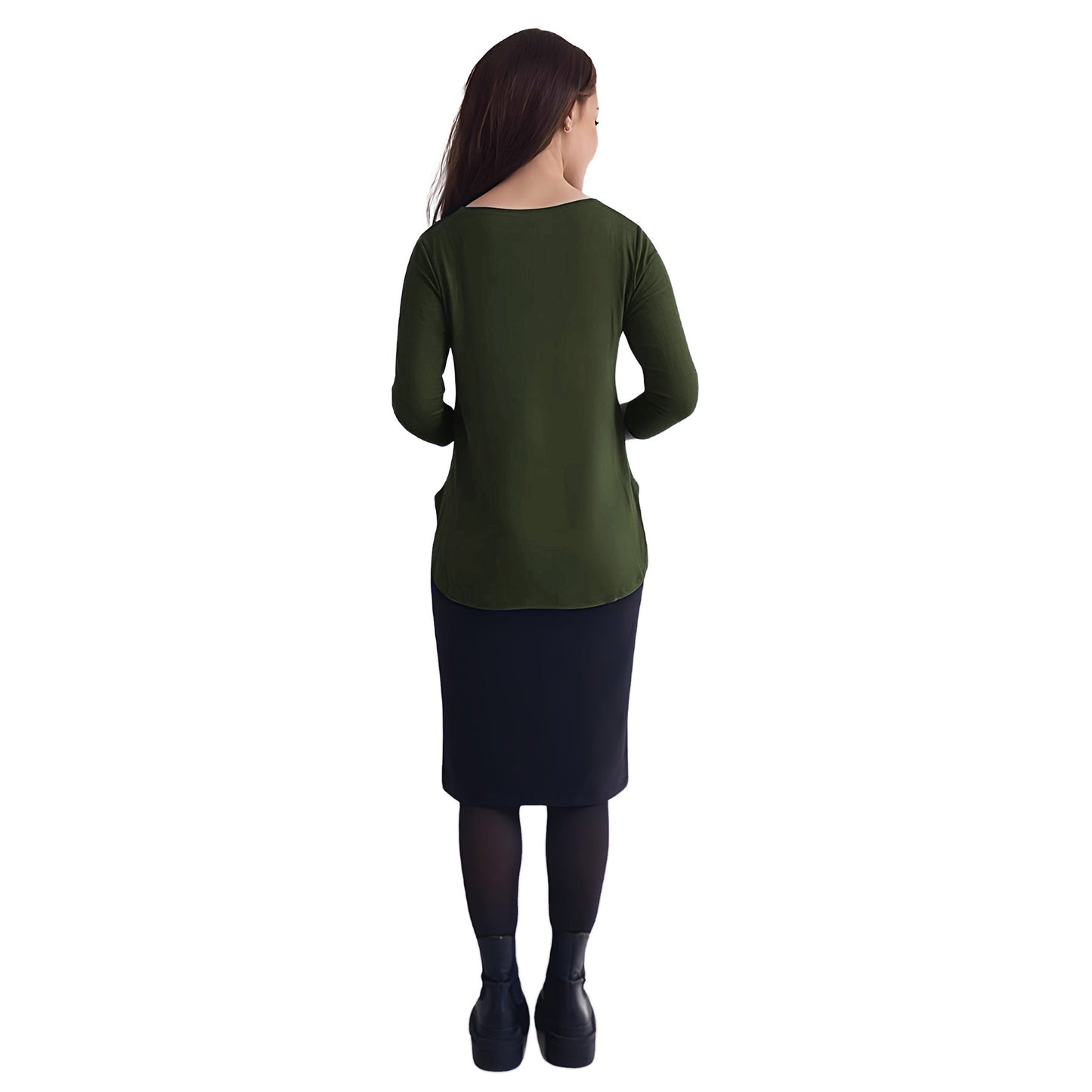 Curved Side Hem Tunic with 3/4 Sleeves and Modest Crew Neckline