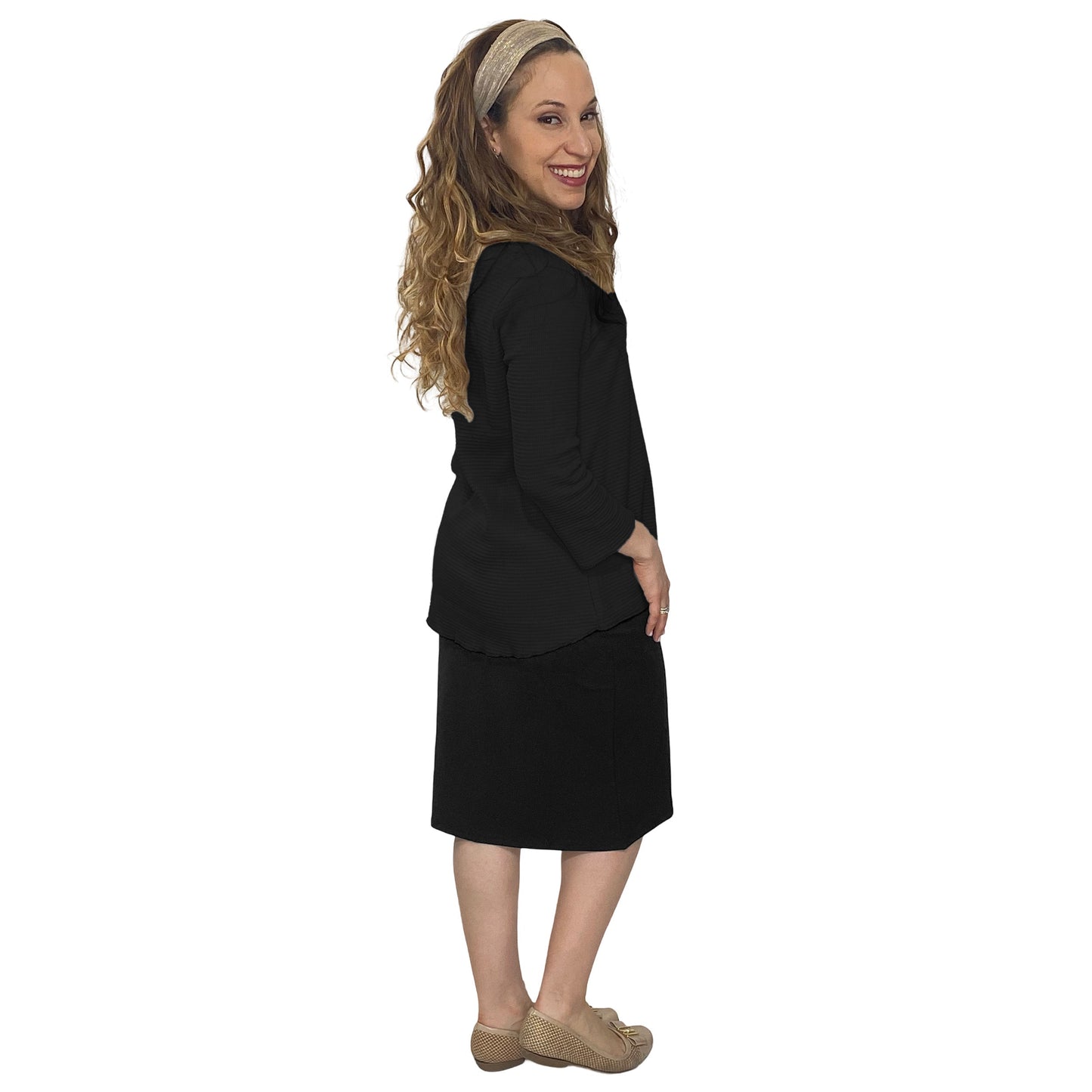 Cotton Waffle Knit Modest Top - 3/4 Sleeve with High Neckline