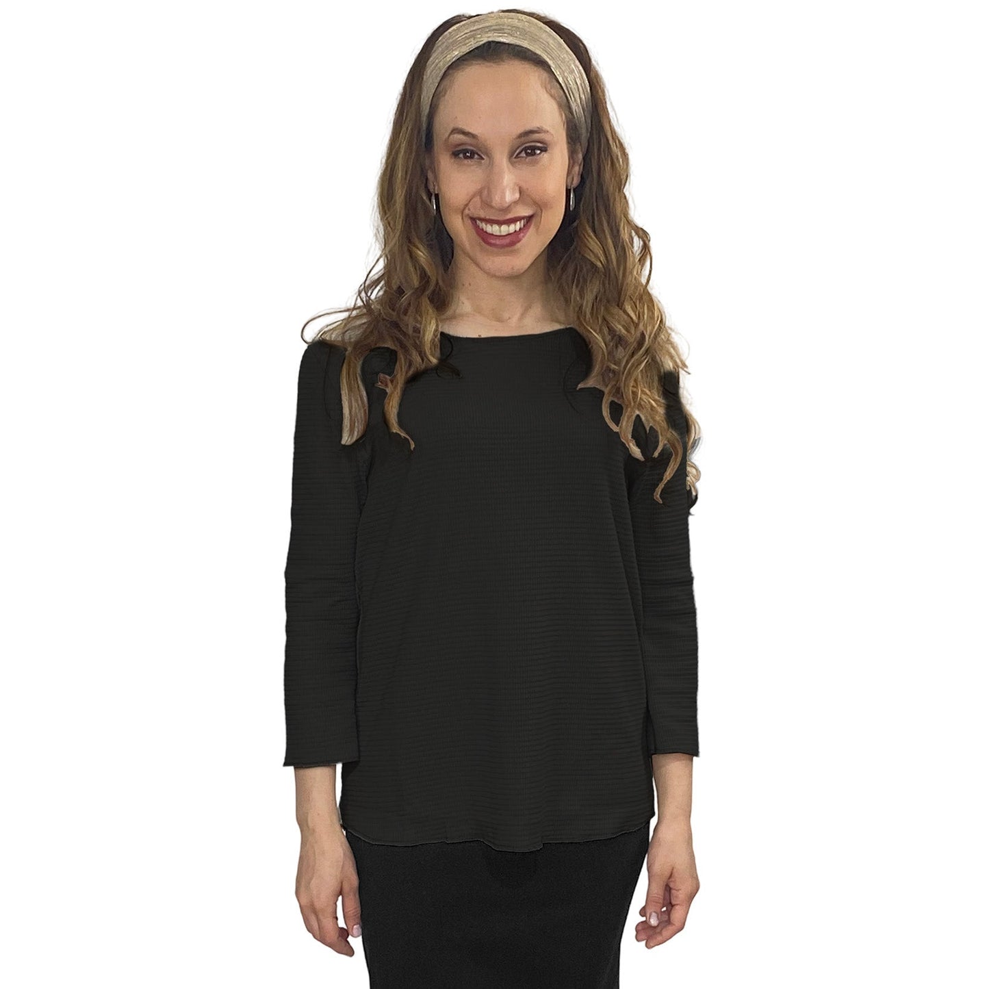 Cotton Waffle Knit Modest Top - 3/4 Sleeve with High Neckline