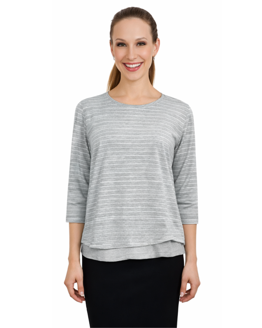 3/4 Sleeve Modest Striped Rib Knit Top with Solid Panel - Hip Length Casual Comfort