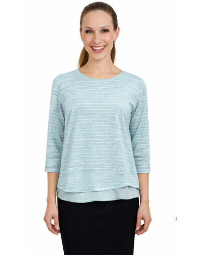3/4 Sleeve Modest Striped Rib Knit Top with Solid Panel - Hip Length Casual Comfort