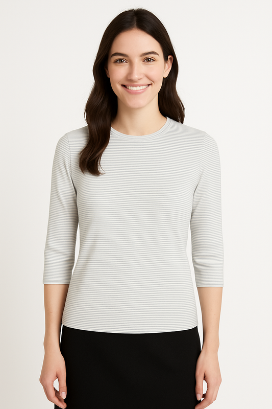 High Neck Fitted Tee - Lightweight Ribbed Top with Three Quarter Sleeves