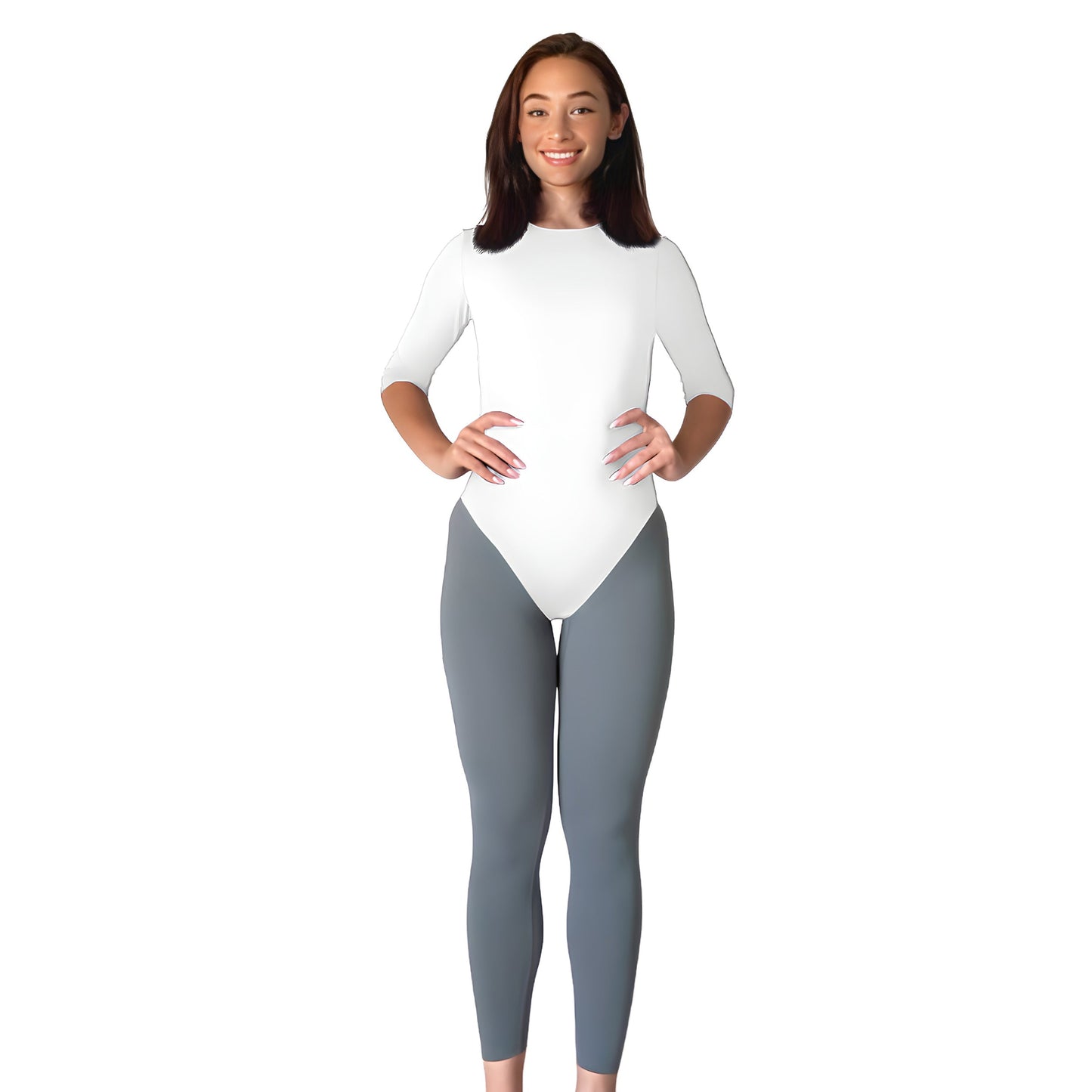 Modest 3/4 Sleeve High Neckline Bodysuit Shell - Snap Closure Layering Top