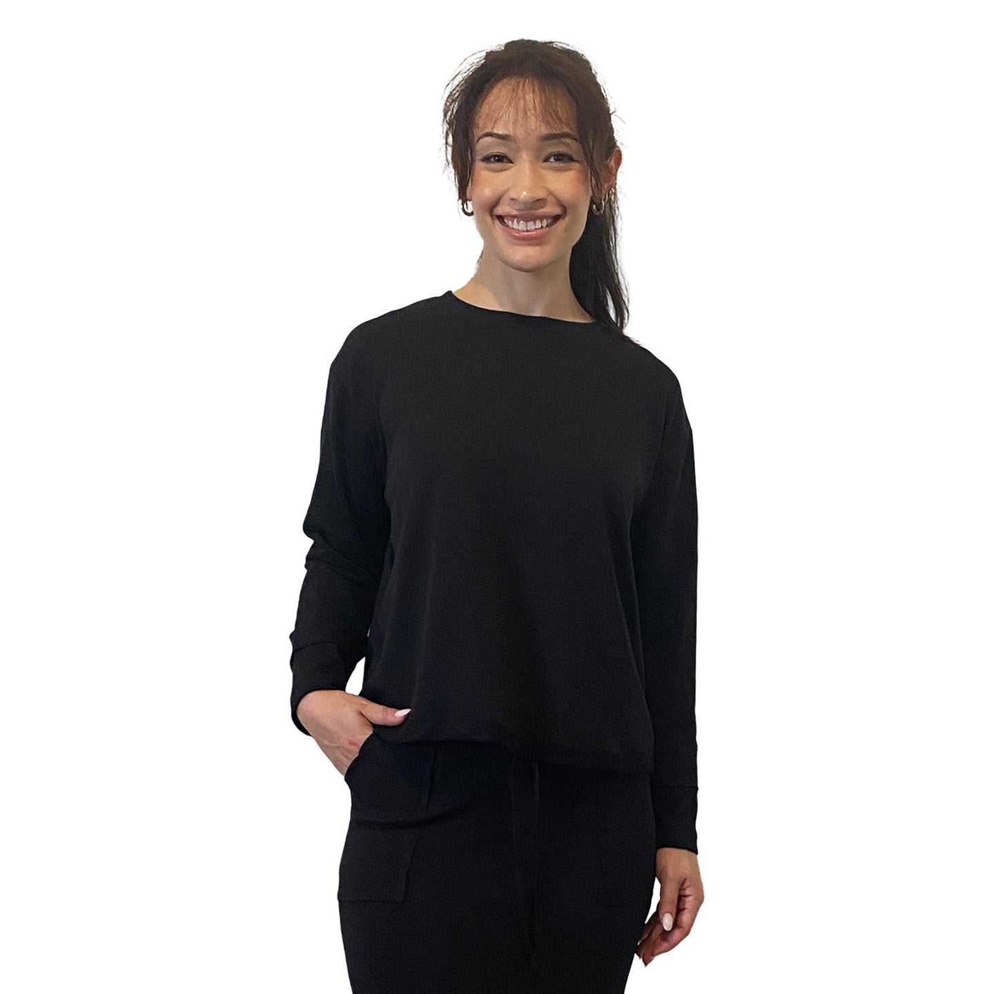French Terry Cotton Blend Crew Neck Sweatshirt with Long Sleeves