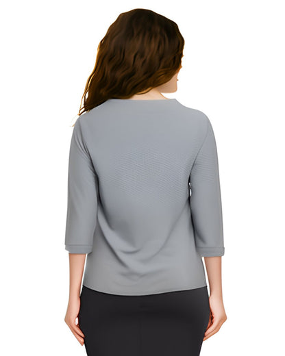 Asymmetric Waffle Knit T-Shirt with Elongated Front Hem - 3/4 Sleeve High Neck Women's Top