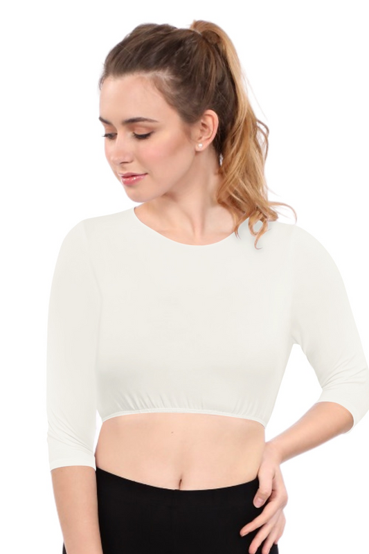 Modest Neck Cropped Layering - Cotton Spandex 3/4 Sleeve Shell Top