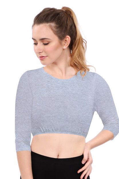 Modest Neck Cropped Layering - Cotton Spandex 3/4 Sleeve Shell Top