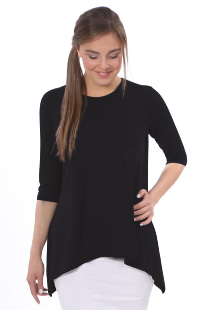 Modest Handkerchief Tunic Top - 3/4 Sleeve Comfort Flow Design - Solid Colors