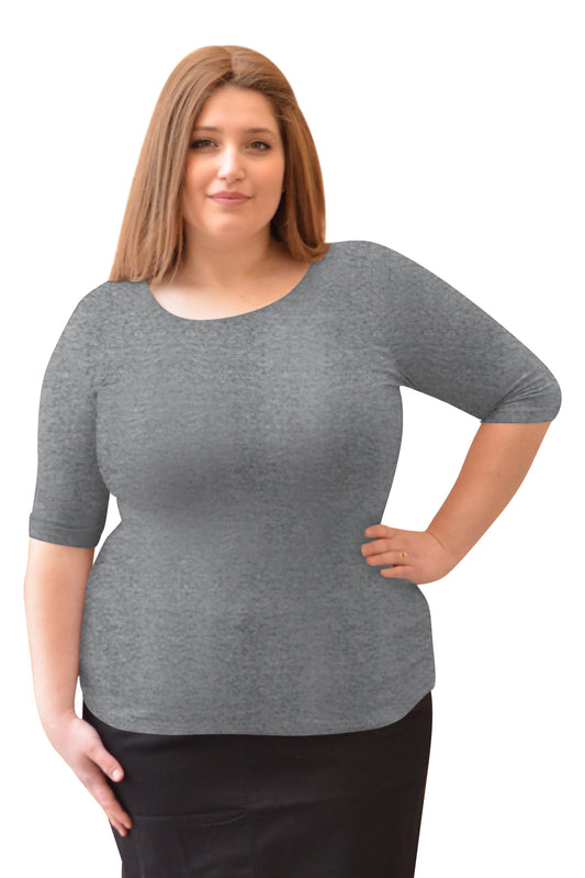 Plus Size Fitted Layering Shell - Modest Round Neck with Elbow Sleeves