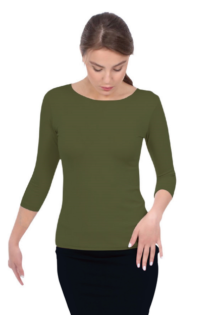 Fitted 3/4 Sleeve Layering Shell - High Round Neckline Slim-Fit