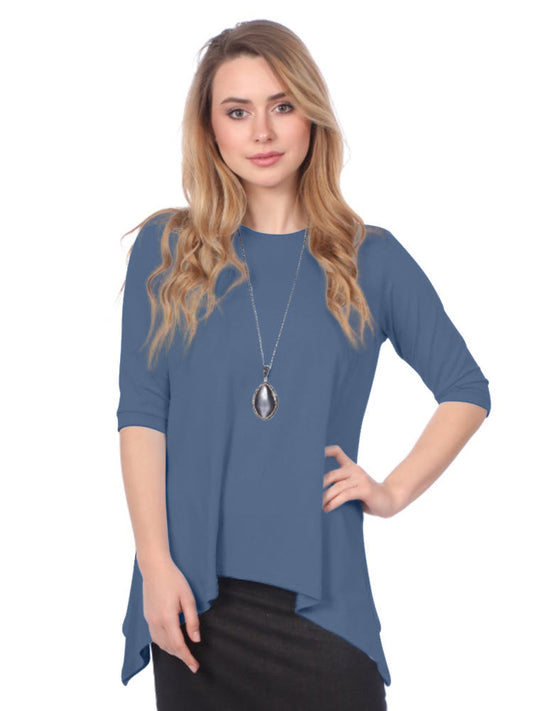 Modest Handkerchief Tunic Top - 3/4 Sleeve Comfort Flow Design - Solid Colors