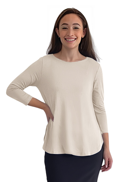 Curved Side Hem Tunic with 3/4 Sleeves and Modest Crew Neckline