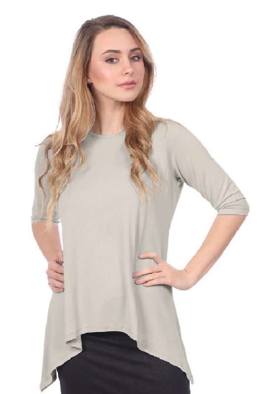 Modest Handkerchief Tunic Top - 3/4 Sleeve Comfort Flow Design - Solid Colors