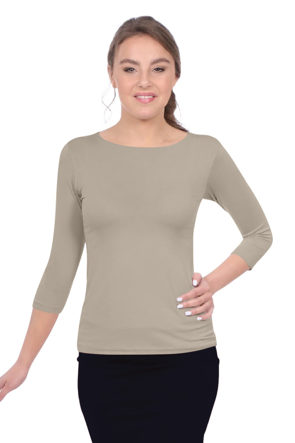 Fitted 3/4 Sleeve Layering Shell - High Round Neckline Slim-Fit