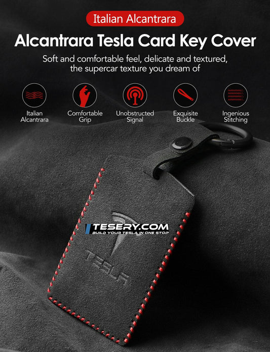 Alcantara Key Card Holder for Model 3/Y | Italian Material | Hook & Keychain | White Stitching