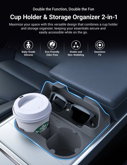 Center Console Cup Holder with Storage for Model 3/Y | Food-Grade Silicone | 2-Slot