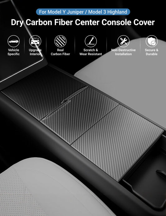 Dry Carbon Fiber Center Console Cover For Model Y Juniper / Model 3 Highland / Model YL