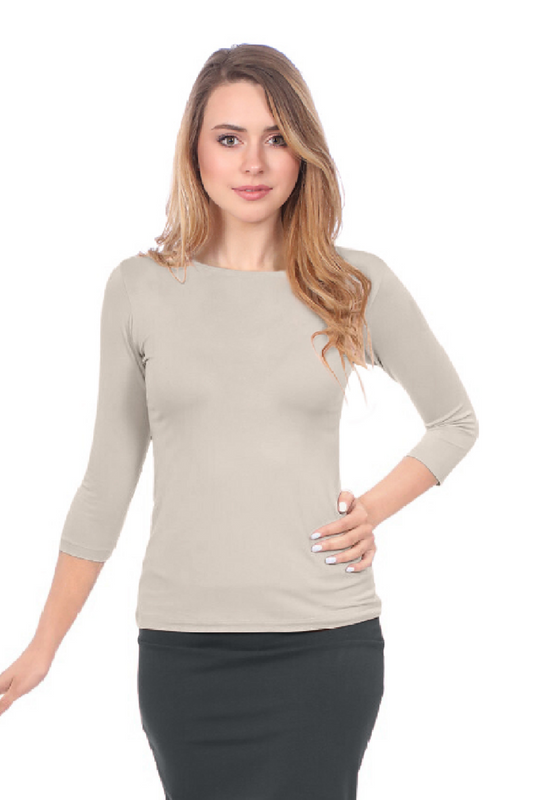 Fitted 3/4 Sleeve Layering Shell - High Round Neckline Slim-Fit