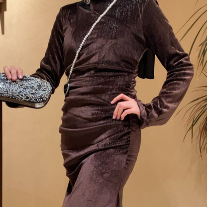 Shimmer Velvet Ruched Mermaid Gown(MA358)