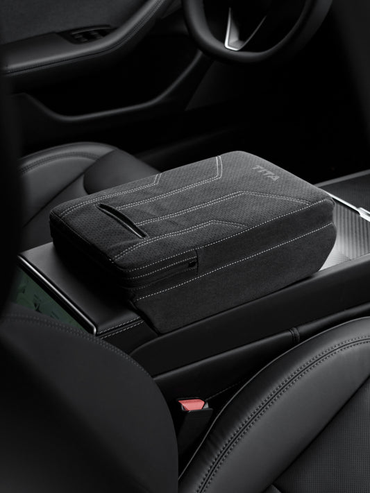Suede Armrest Cover with Raised Pad & Tissue Box for Model Y Juniper & Model 3 Highland